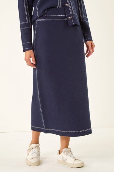 Dusk Navy Contrast Stitch Buttoned Skirt