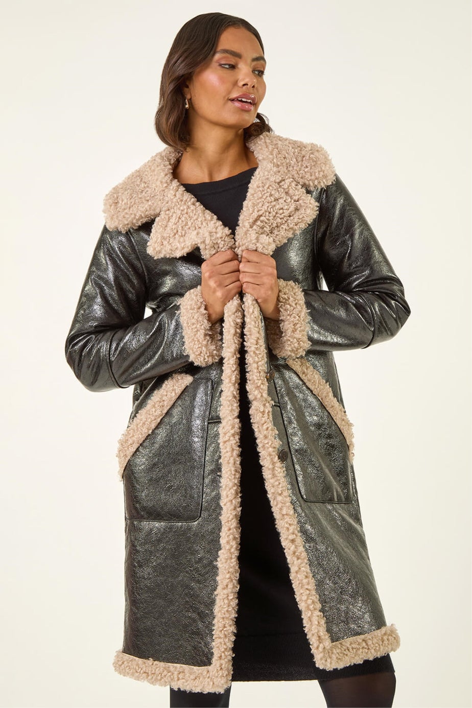 Roman Black Faux Fur Textured Coat
