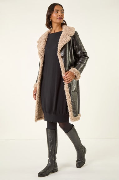 Roman Black Faux Fur Textured Coat
