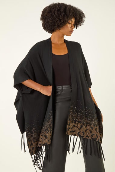 Roman Black Tassel Embellished Trim Knit Poncho
