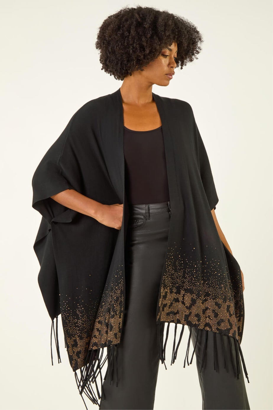 Roman Black Tassel Embellished Trim Knit Poncho