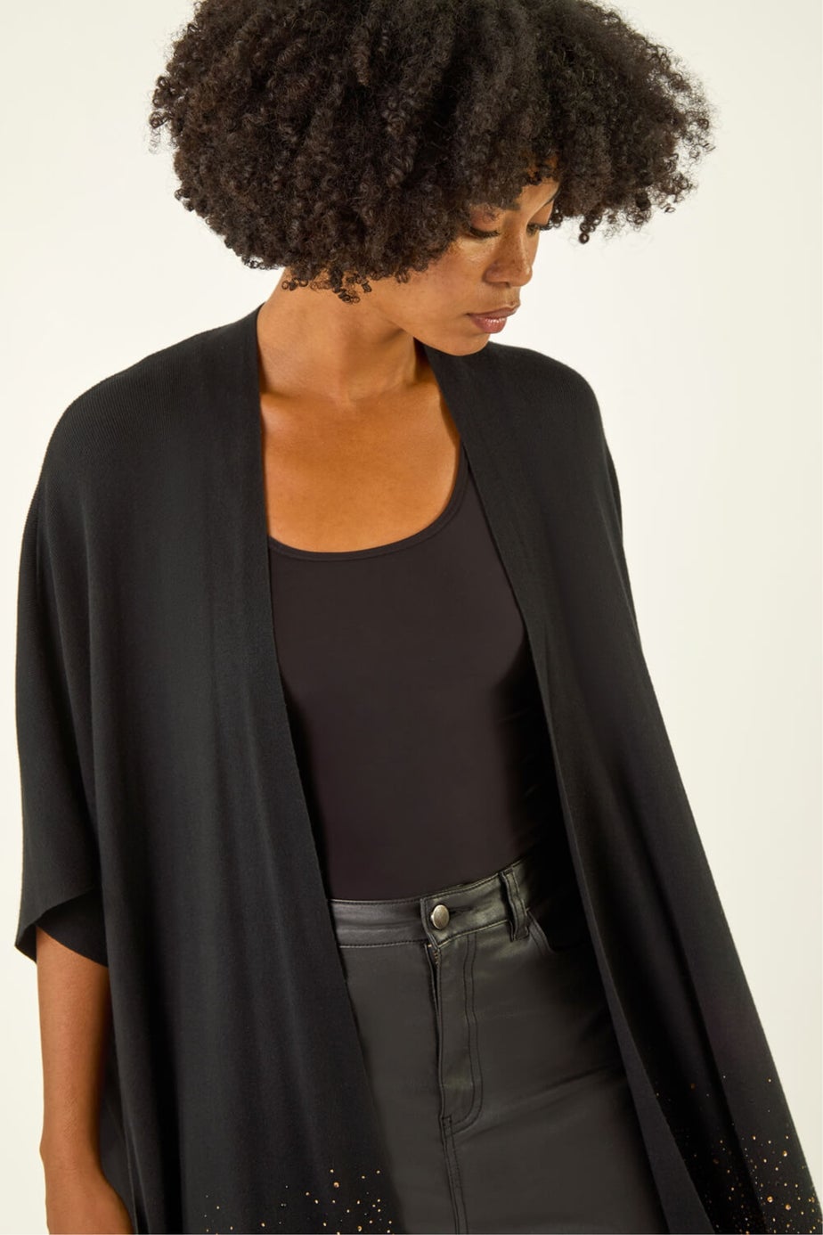 Roman Black Tassel Embellished Trim Knit Poncho