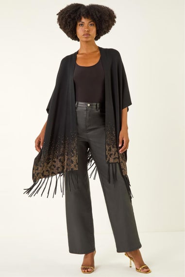 Roman Black Tassel Embellished Trim Knit Poncho