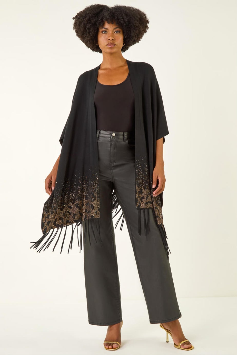 Roman Black Tassel Embellished Trim Knit Poncho