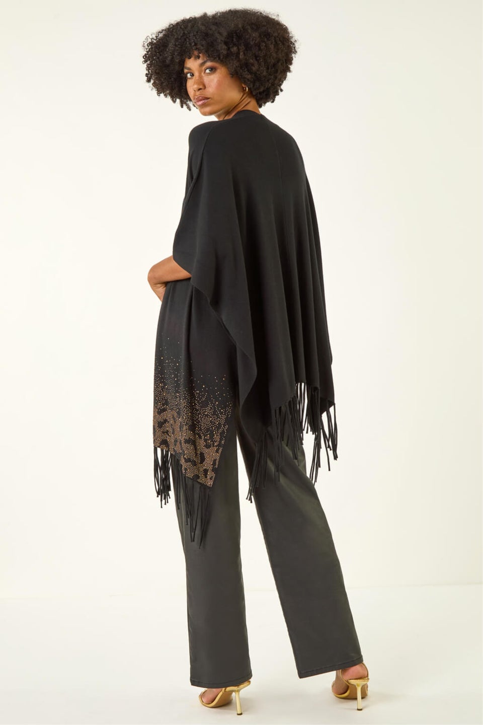 Roman Black Tassel Embellished Trim Knit Poncho