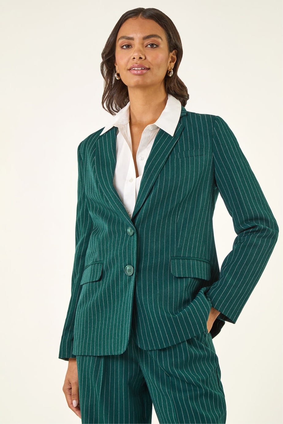 Roman Green Pinstripe Collared Blazer