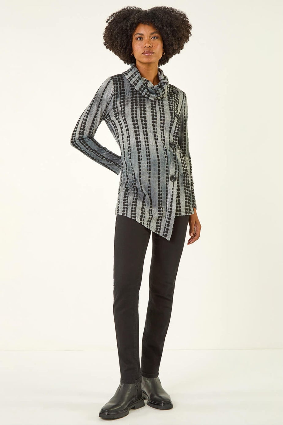 Roman Grey Cowl Neck Buttoned Top