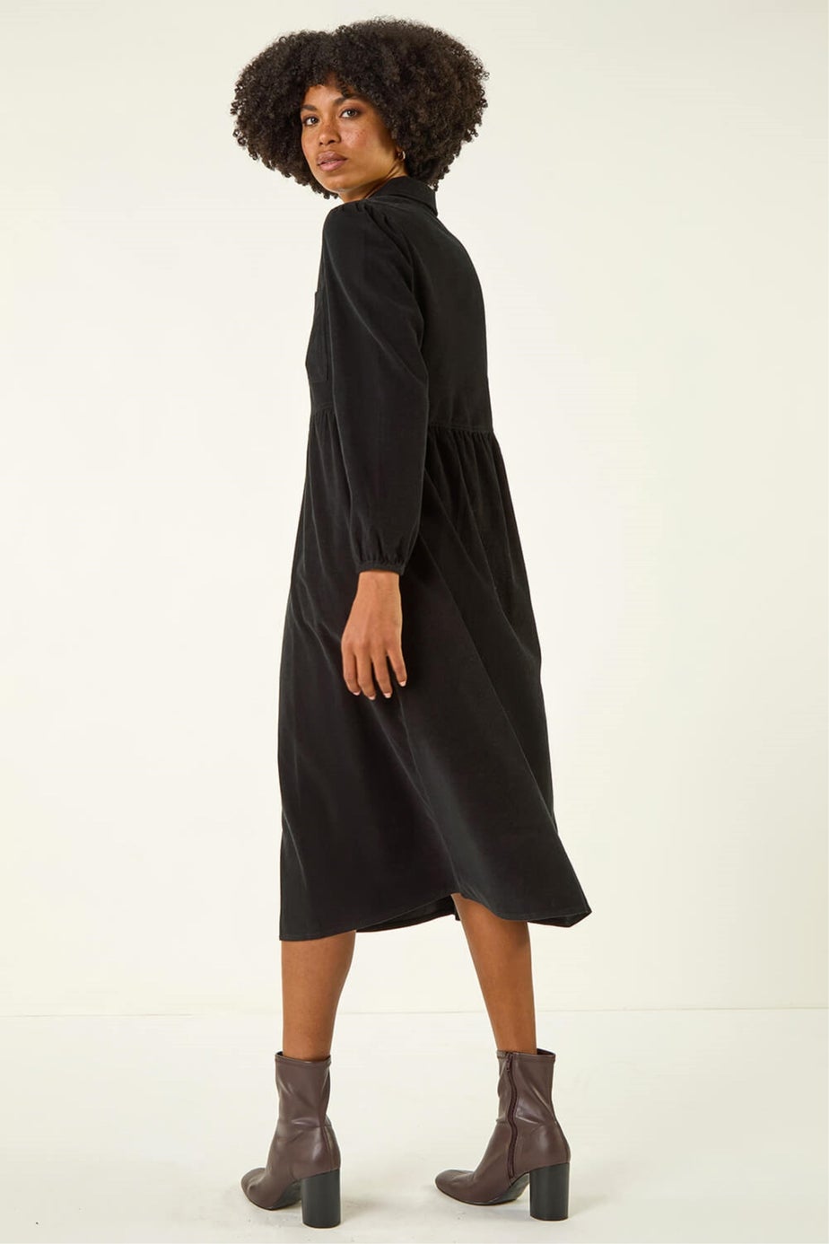 Roman Black Corduroy Zip Detail Midi Dress