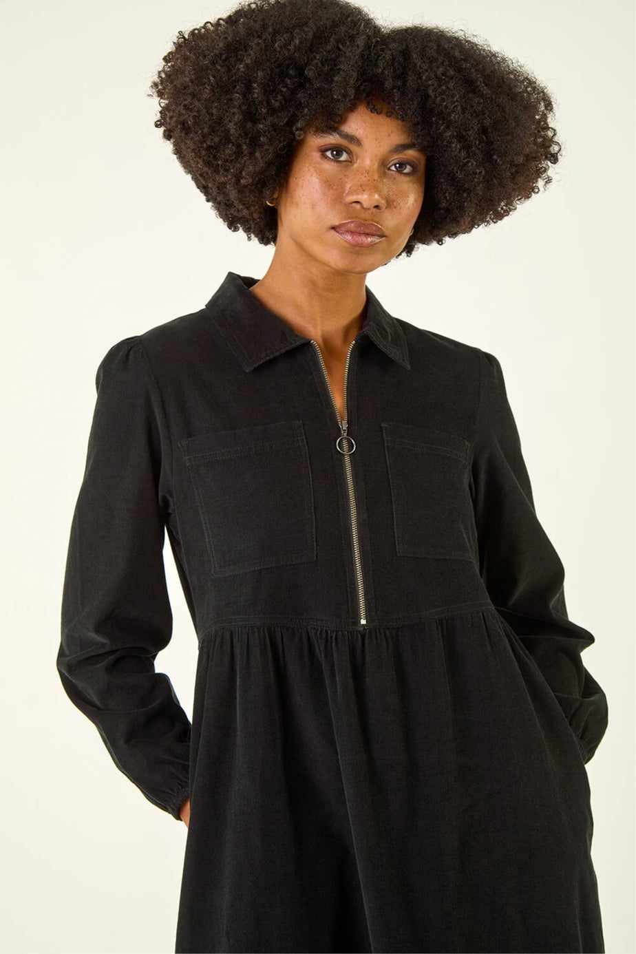 Roman Black Corduroy Zip Detail Midi Dress