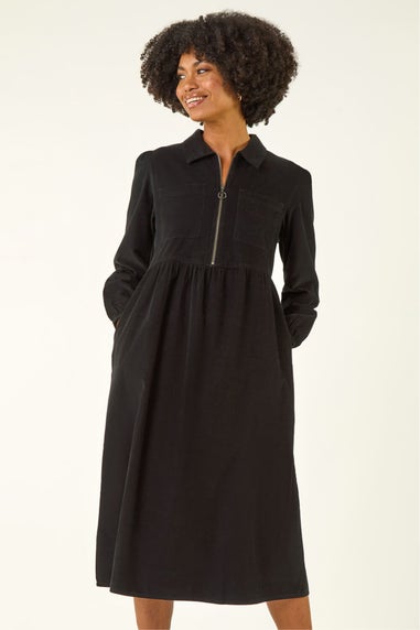 Roman Black Corduroy Zip Detail Midi Dress