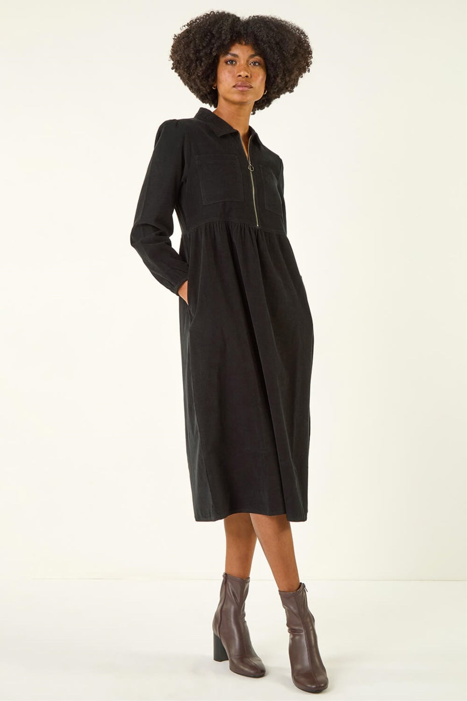 Roman Black Corduroy Zip Detail Midi Dress