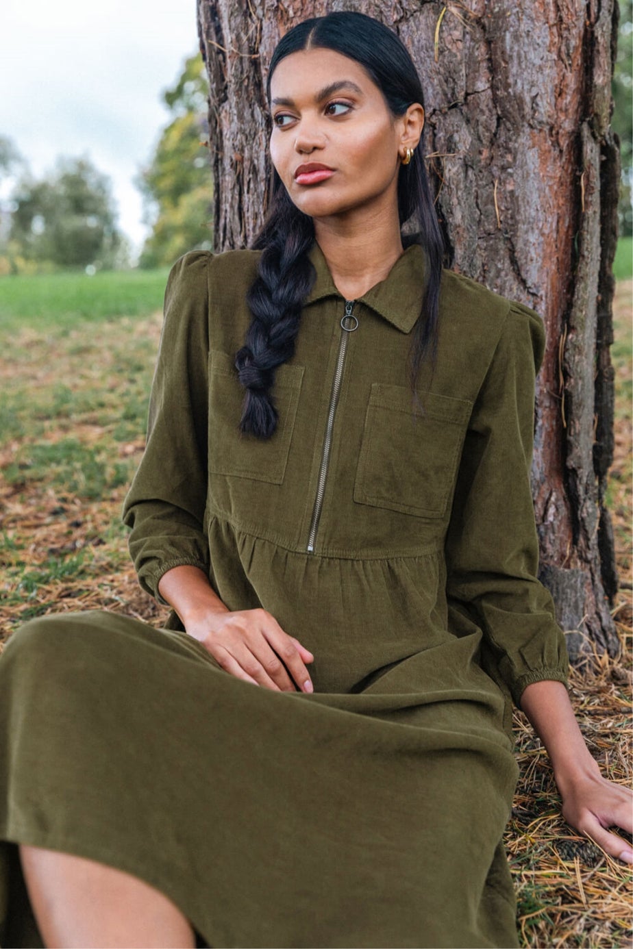 Roman Khaki Corduroy Zip Detail Midi Dress