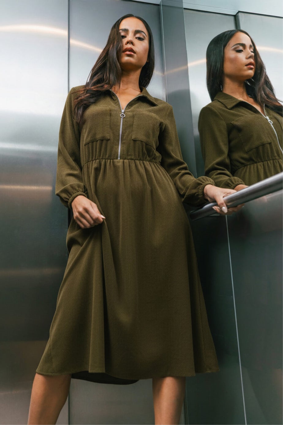Roman Khaki Corduroy Zip Detail Midi Dress