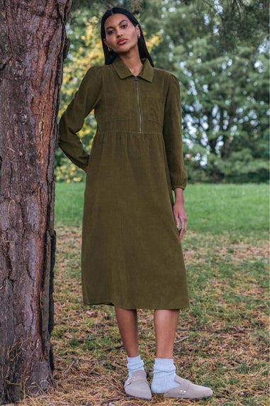 Roman Khaki Corduroy Zip Detail Midi Dress