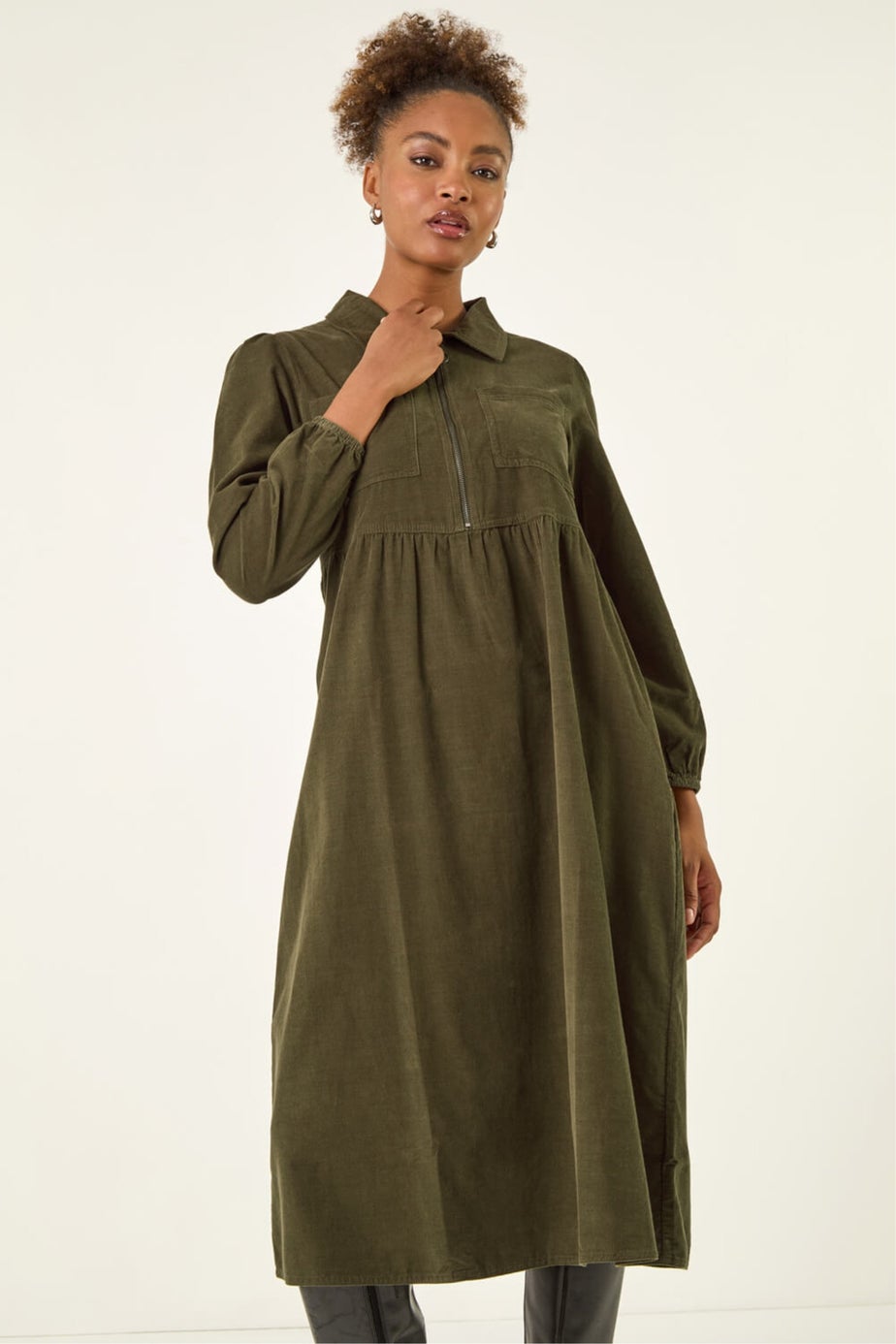Roman Khaki Corduroy Zip Detail Midi Dress