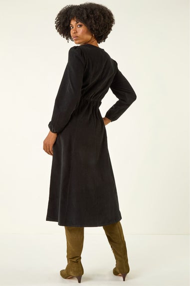 Roman Black Corduroy Button Through Midi Dress