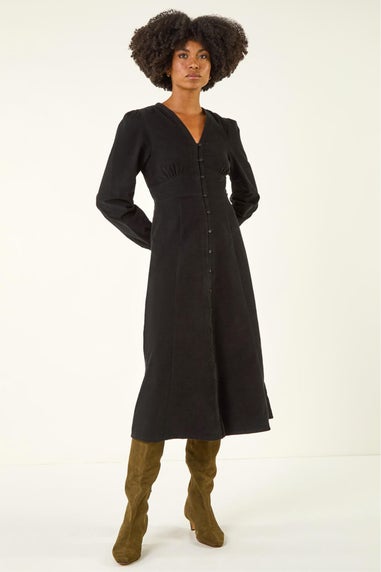 Roman Black Corduroy Button Through Midi Dress