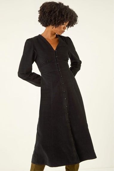 Roman Black Corduroy Button Through Midi Dress