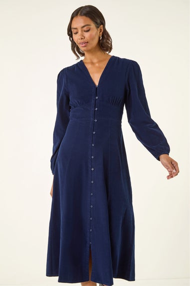 Roman Navy Corduroy Button Through Midi Dress
