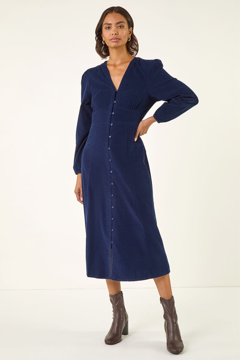 Roman Navy Corduroy Button Through Midi Dress