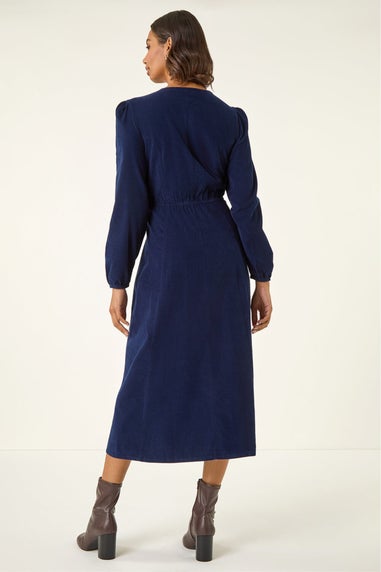 Roman Navy Corduroy Button Through Midi Dress