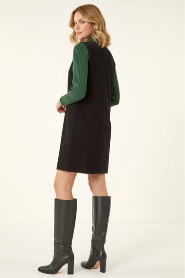 Roman Black Cotton V-Neck Button Pocket Dress