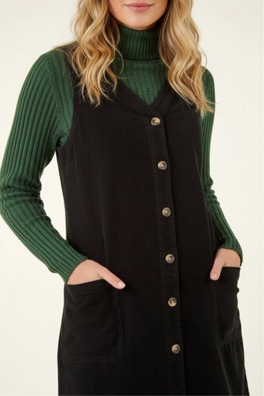 Roman Black Cotton V-Neck Button Pocket Dress