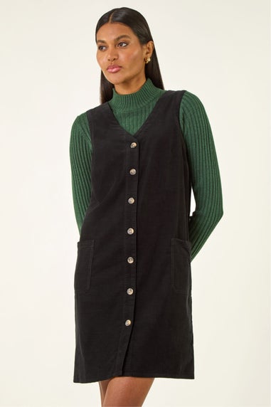 Roman Black Cotton V-Neck Button Pocket Dress