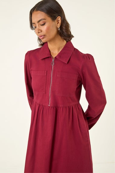 Roman Wine Zip Front Collared Midi Dress