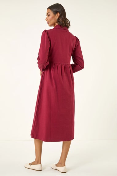 Roman Wine Zip Front Collared Midi Dress