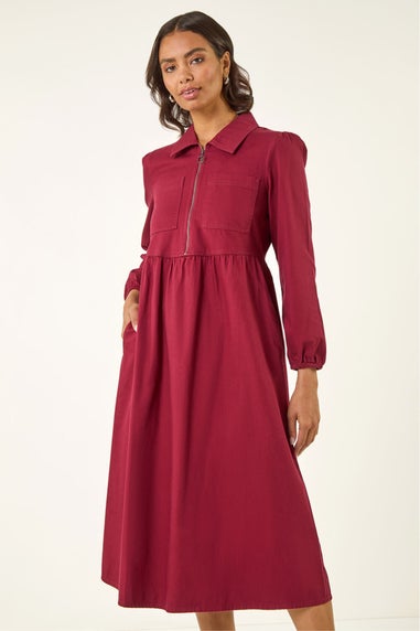 Roman Wine Zip Front Collared Midi Dress