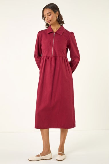 Roman Wine Zip Front Collared Midi Dress