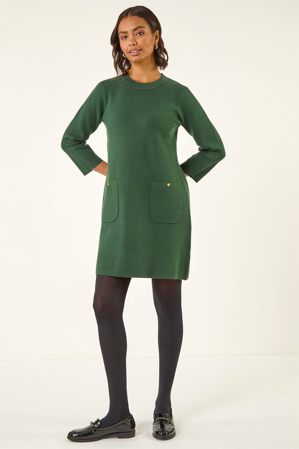 Roman Dark Green Patch Pocket Knit Dress