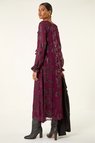 Roman Wine Floral Brocade Frill Midi Dress