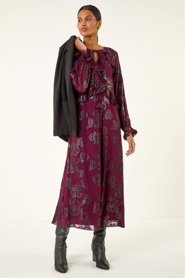 Roman Wine Floral Brocade Frill Midi Dress