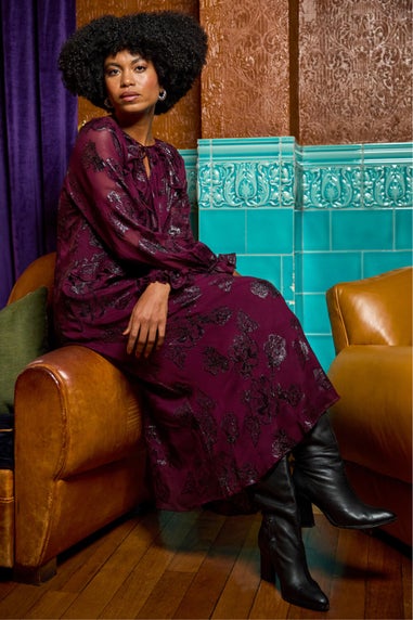 Roman Wine Floral Brocade Frill Midi Dress