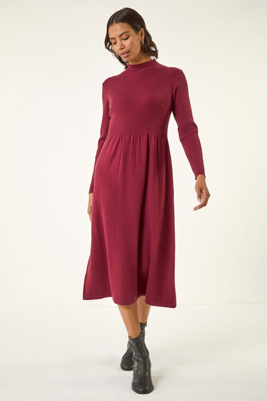 Roman Burgundy Ribbed Knit High Neck Midi Dress