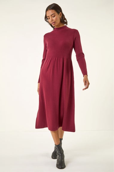 Roman Burgundy Ribbed Knit High Neck Midi Dress