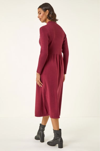 Roman Burgundy Ribbed Knit High Neck Midi Dress