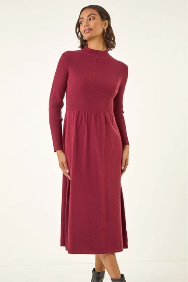 Roman Burgundy Ribbed Knit High Neck Midi Dress