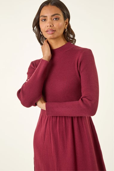 Roman Burgundy Ribbed Knit High Neck Midi Dress