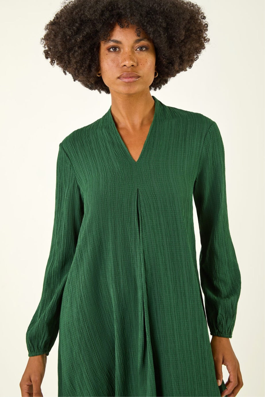 Roman Green Textured V-Neck Swing Dress