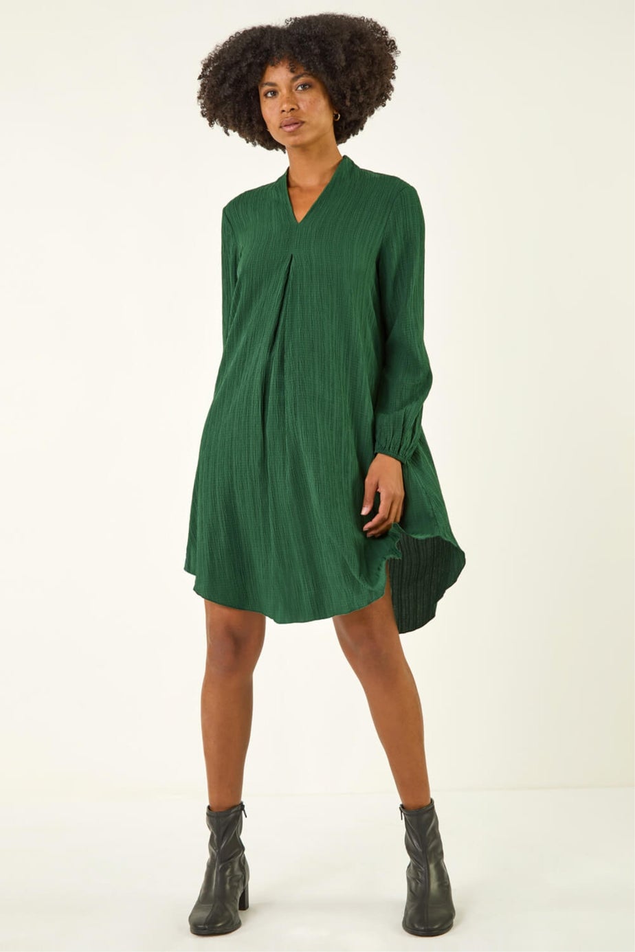 Roman Green Textured V-Neck Swing Dress