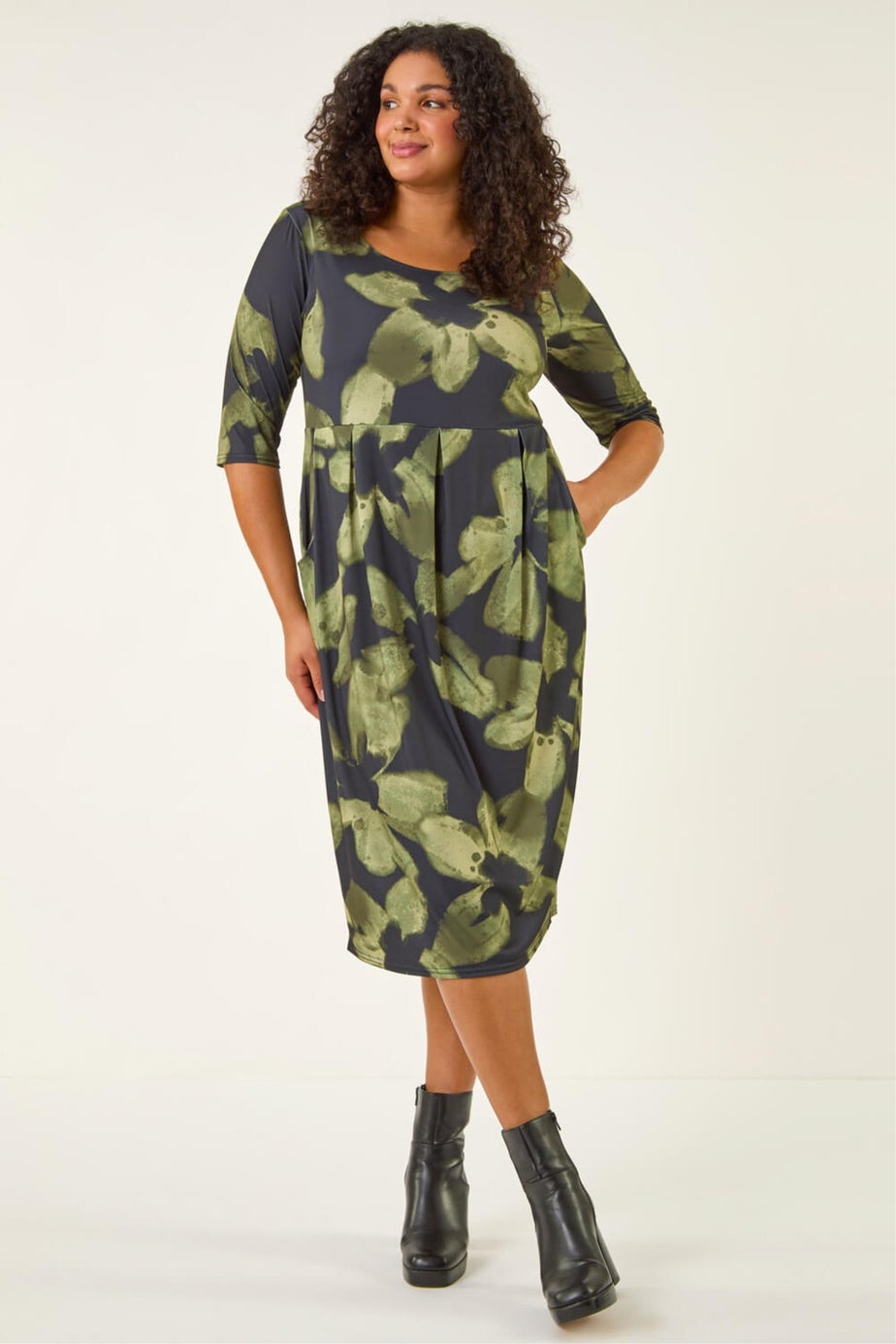 Roman Green Curve Floral Print Pocket Stretch Dress