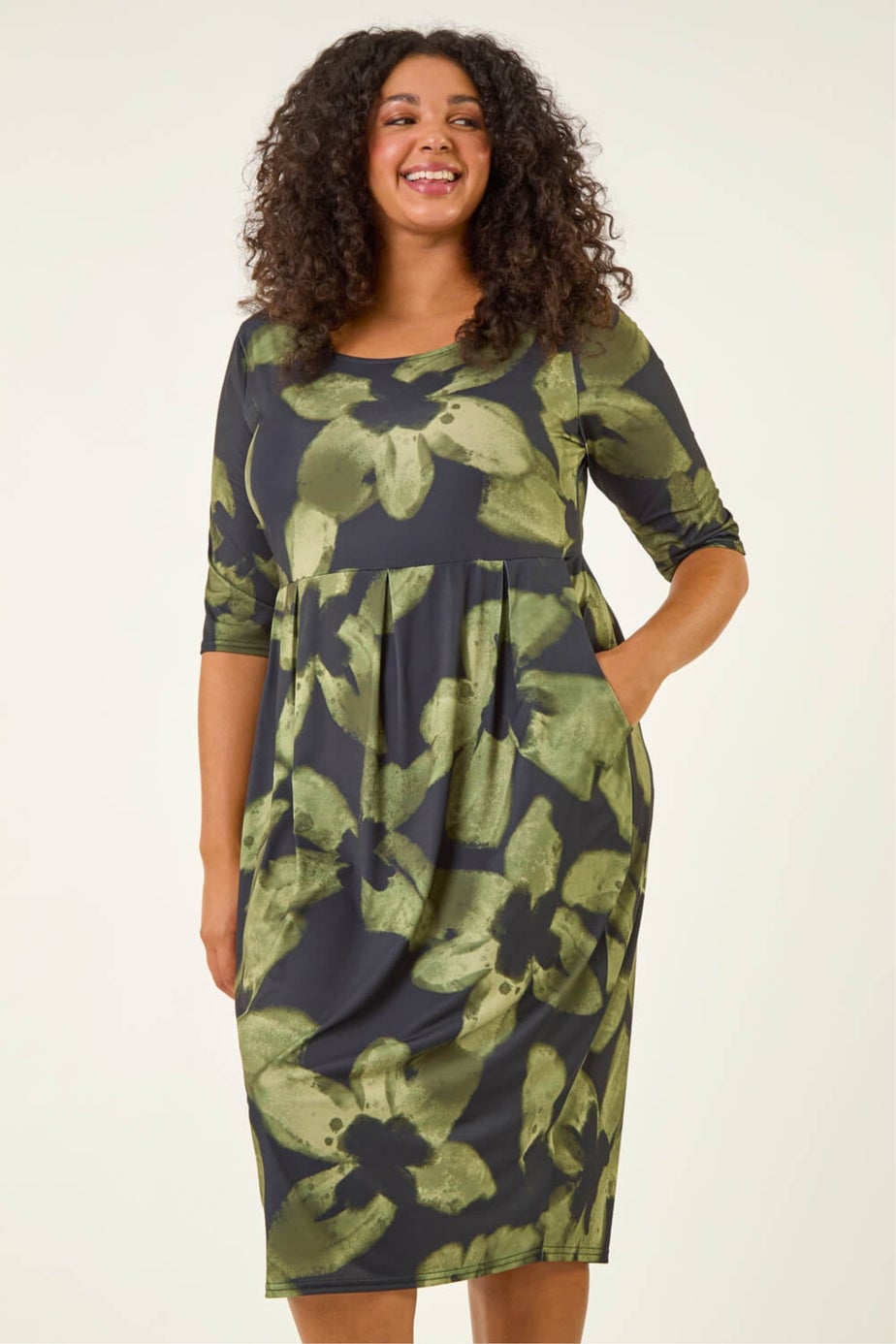 Roman Green Curve Floral Print Pocket Stretch Dress