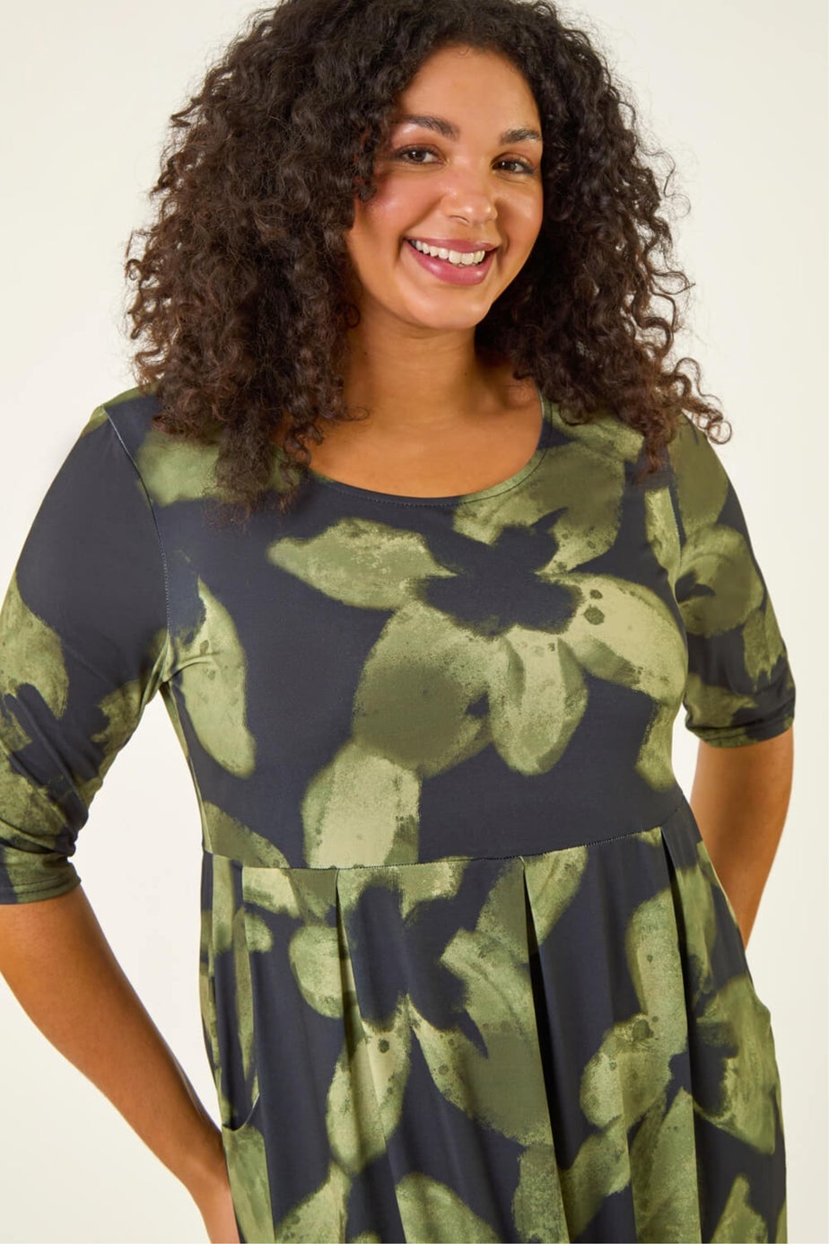 Roman Green Curve Floral Print Pocket Stretch Dress