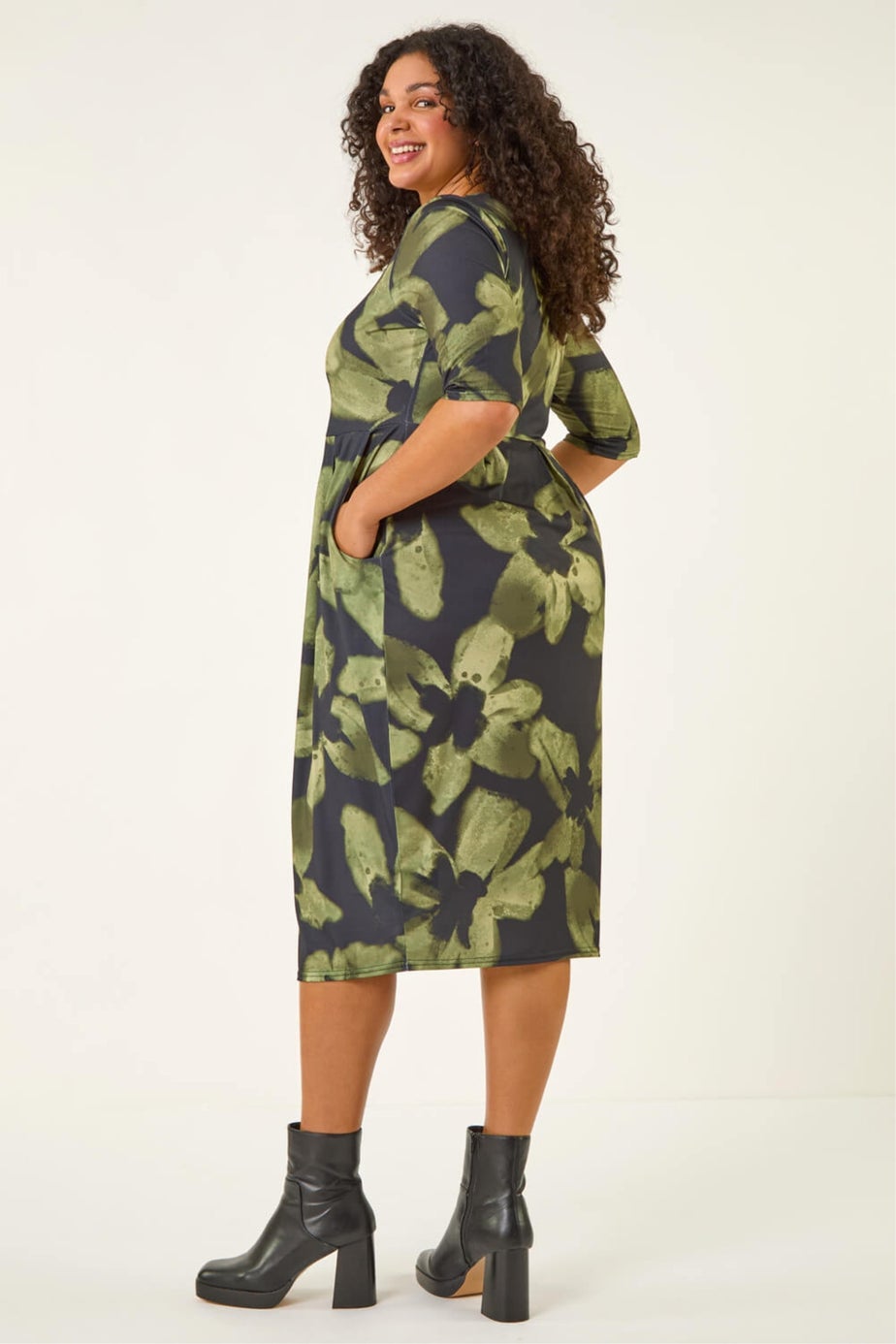 Roman Green Curve Floral Print Pocket Stretch Dress