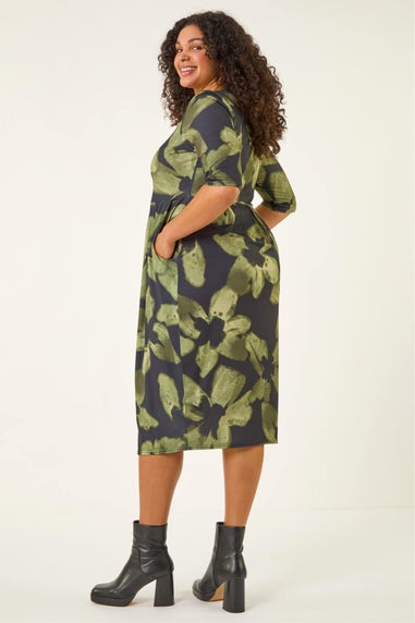 Roman Green Curve Floral Print Pocket Stretch Dress