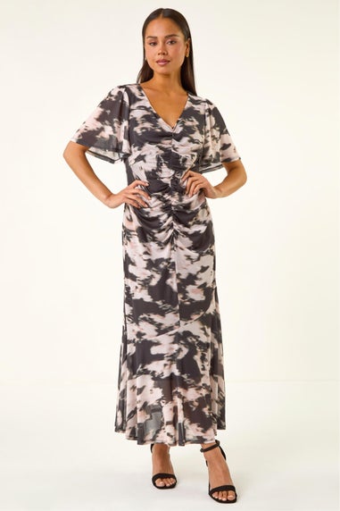 Roman Black Petite Printed Mesh Ruched Midi Dress