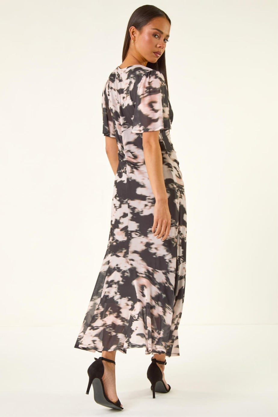 Roman Black Petite Printed Mesh Ruched Midi Dress